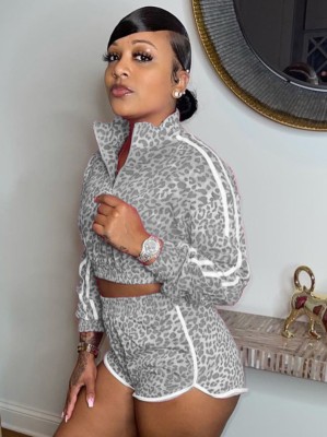 Autumn Grey Leopard print Piping with Zipper Long sleeve Crop Top and Shorts set