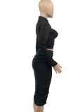 Autumn Black Ruffles Long sleeve Crop Top and Tight Skirt set