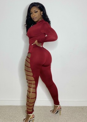 Autumn Sexy Red Zipper Up Long Sleeve with Chain Hollow out Jumpsuit