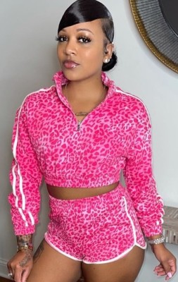 Autumn Rose Leopard print Piping with Zipper Long sleeve Crop Top and Shorts set