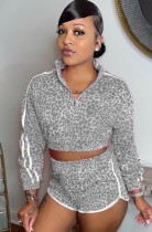 Autumn Grey Leopard print Piping with Zipper Long sleeve Crop Top and Shorts set