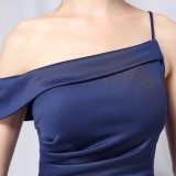 Summer Formal Blue One Shoulder Strap Irregular Long Evening Dress