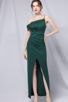 Summer Formal Green One Shoulder Strap Irregular Long Evening Dress