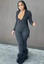 Autumn Sexy Zipped Front Stacked Bodycon Jumpsuit Black