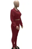 Autumn Burgunry Long Sleeve Crop Top and High Waist Legging Set