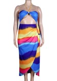 Summer Plus Size Rainbow Halter Long SunDress