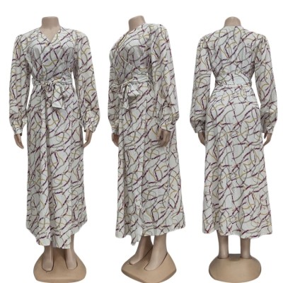 Autumn White Chains Print Wrap Long Maxi Dress with Full Sleeves