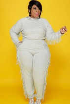 Autumn Plus Size Grey Tassels Hoody Top and Pants Sweatsuit