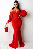 Autumn Formal Front Slit Strapless Mermaid Evening Dress Red