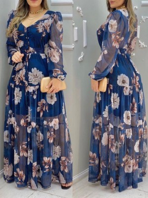 Autumn Formal Blue Floral V-Neck Long Maxi Dress
