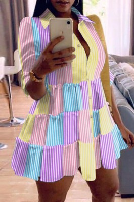 Autumn Casual Multicolor Stripes Fit-and-Flare Short Dress