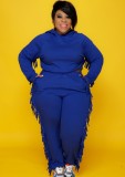Autumn Plus Size Blue Tassels Hoody Top and Pants Sweatsuit