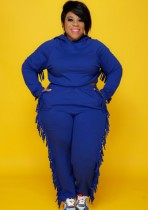 Autumn Plus Size Blue Tassels Hoody Top and Pants Sweatsuit