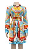 Autumn Retro Print Blouse Dress with Belt