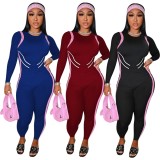 Autumn Fitness Red Print Long Sleeve Bodycon Jumpsuit