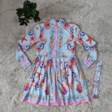 Autumn Retro Print Blouse Dress with Belt