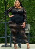 Autumen Plus Size Black Stripes Sexy Long Bodycon Dress