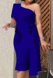 Autumn Formal Blue One Shoulder Midi Cocktail Dress