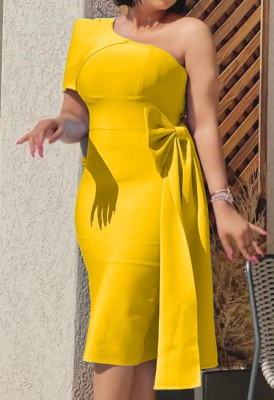 Autumn Formal Yellow One Shoulder Midi Cocktail Dress