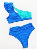 Two-Piece Color Block High Waist One Shoulder Swimwear