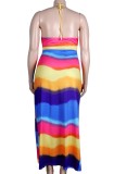 Summer Plus Size Rainbow Halter Long SunDress