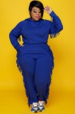 Autumn Plus Size Blue Tassels Hoody Top and Pants Sweatsuit