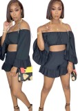 Autumn Black Off Shoulder Crop Top and Bell Shorts Set