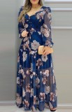 Autumn Formal Blue Floral V-Neck Long Maxi Dress