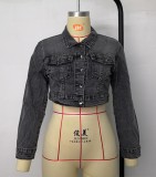 Autumn Black Denim Button Up Short Jacket with Full Sleeves