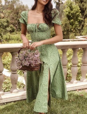Summer Formal Floral Elegant Square Slit Long Dress with Puff Sleeves