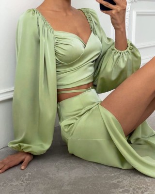 Autumn Formal Green Puff Sleeve Crop Top and Slit Midi Skirt Set