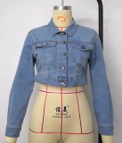 Autumn Blue Denim Button Up Short Jacket with Full Sleeves