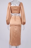 Autumn Formal Khaki Puff Sleeve Crop Top and Slit Midi Skirt Set