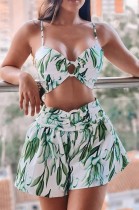 Summer Casual Print White and Green O-Ring Strap Crop Top and Shorts Set