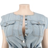 Summer Plus Size Sleeveless Denim Jumpsuit with Belt