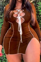 Autumn Plus Size Brown Sexy Lace-Up Bodycon Dress