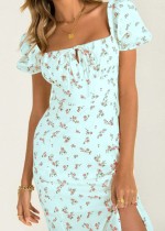 Summer Formal Floral Elegant Square Slit Midi Dress with Puff Sleeves