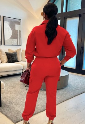 Autumn Casual Red Knotted Top and Pants Set