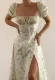 Summer Formal Floral Elegant Square Slit Long Dress with Puff Sleeves