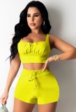 Summer Yellow Wide Strap Crop Top and Shorts Set