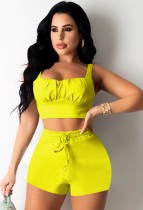 Summer Yellow Wide Strap Crop Top and Shorts Set