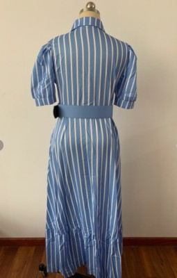 Autumn Formal Blue Stripes Elegant Long Dress with Belt