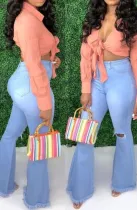 Autumn Light Blue High Waist Ripped Flare Jeans