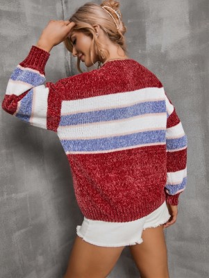 Autumn Wide Stripes Colorful O-Neck Pullover Loose Sweater
