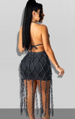 Summer Party Black Sexy Bra and Fringe Skirt Set