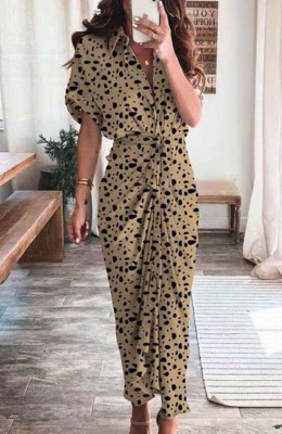 Autumn Elegant Leopard Print V-Neck Long Pencil Dress