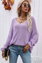 Autumn Purple V-Neck Loose Cut Long Sweater Top