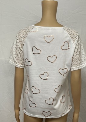 Summer Round Neck Patch Hollow Out Heart Print White Shirt