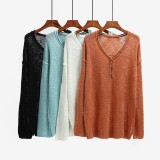 Autumn Brown Knit V-Neck Loose Top