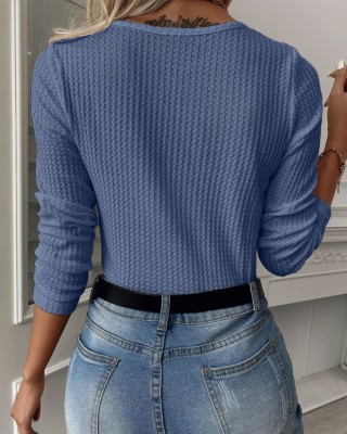 Autumn Simple Blue V-Neck Basic Shirt with Full Sleeves